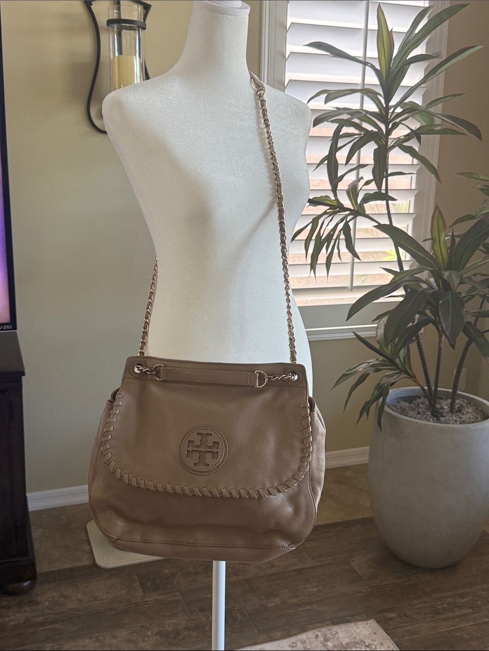 Tory Burch Taupe Leather Whipstitch Shoulder Bag with Chain Strap